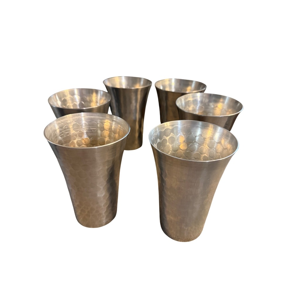 Leumas Handcrafted Giftware Hammered Aluminum Tumblers Set of 6 Silver Vintage